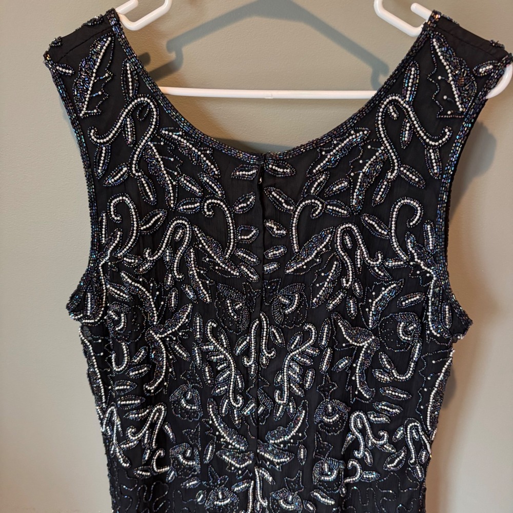 Vintage Beaded Whimsigoth Silk Maxi Dress Black Silver Iridescent Formal Gown - Picture 12 of 16